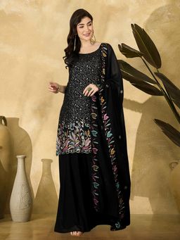 Gahan - Black Georgette Sequin Thread Embroidered Kurta with Palazzo & Dupatta