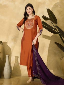 Gahan - Rust Orange Zari Sequence Thread Embroidered Kurta with Pant & Dupatta