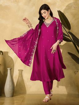 Gahan - Rani Pink Vichitra Zari Sequence Embroidered Anarkali Kurta with Pant & Dupatta
