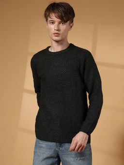 Campus Sutra - Men's Onyx Black Solid Knitted Pullover Sweater
