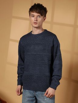 Campus Sutra - Men's Prussian Navy Blue Textured-Knit Pullover Sweater