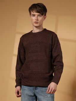 Campus Sutra - Men's Umber Brown Textured-Knit Pullover Sweater