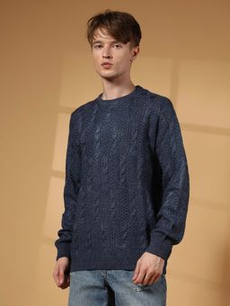 Campus Sutra - Men's Navy Blue Twist-Knit Pullover Sweater