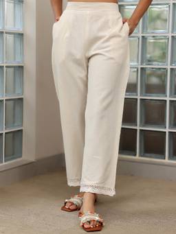 Libas - Off White Solid Straight Pant with Attached Lace On Hem