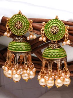 Karatcart - Antique Gold Plated Light Green Tomb Style with Golden Pearl Jhumki Earrings for Women