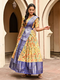 Vinya - Yellow Silk Kalamkari Fit and Flare Dress (Set of 3)