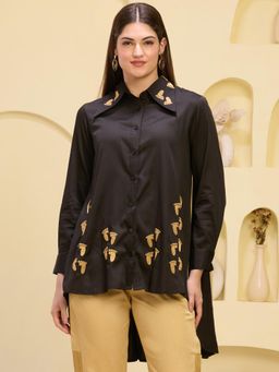 First Resort by Ramola Bachchan - Black Hand Embroidered Pleated Shirt