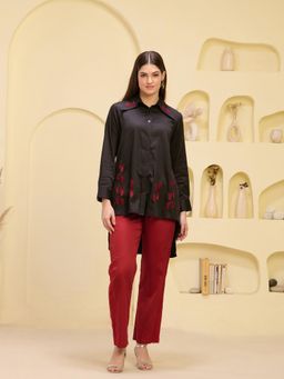 First Resort by Ramola Bachchan - Black Hand Embroidered Pleated Shirt