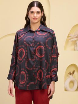 First Resort by Ramola Bachchan - Black Maa Print Shirt with Cutout Sleeves
