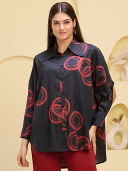 First Resort by Ramola Bachchan - Black Powerful Print Shirt with Cutout Sleeves