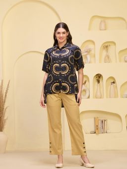 First Resort by Ramola Bachchan - Black Maa Print Pleated Shirt
