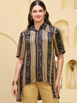 First Resort by Ramola Bachchan - Black Powerful Stripe Print Pleated Shirt