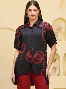 First Resort by Ramola Bachchan - Black Powerful Print Pleated Shirt