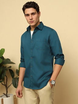 Van Heusen - Men Green Slim Fit Solid Full Sleeves Casual Shirt