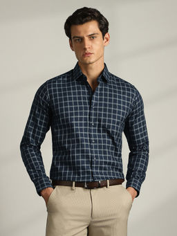 Van Heusen - Men Navy Slim Fit Check Full Sleeves Formal Shirt