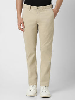 Van Heusen - Men Beige Solid Slim Fit Trousers