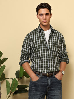 Van Heusen - Men Green Slim Fit Check Full Sleeves Casual Shirt