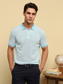 Van Heusen - Men Blue Printed Collar Neck Regular Fit Polo T-Shirt