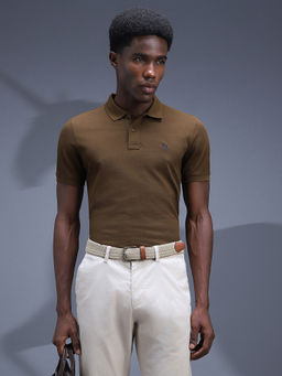 Van Heusen - Men Brown Solid Collar Neck Polo T-Shirt
