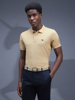 Van Heusen - Men Beige Solid Collar Neck Polo T-Shirt