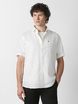 Van Heusen - Men White Solid Half Sleeves Casual Linen Shirt