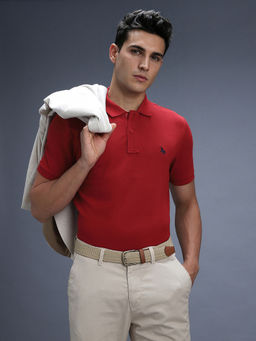 Van Heusen - Men Red Solid Polo Neck T-Shirt