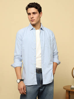 Van Heusen - Men Light Blue Stripe Full Sleeves Casual Shirt