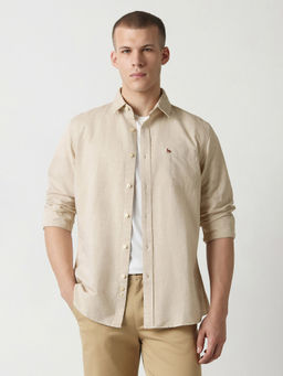 Van Heusen - Men Beige Solid Full Sleeves Casual Shirt