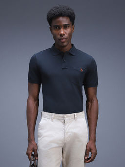Van Heusen - Navy Blue Solid/Plain Half Sleeves Slim Polo T-Shirt