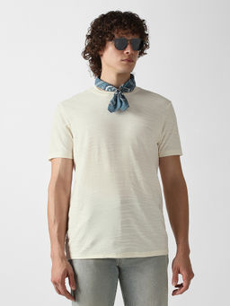 Van Heusen - Beige Cotton Half Sleeves Crew Neck Textured T-Shirt