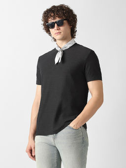 Van Heusen - Black Cotton Half Sleeves Crew Neck Textured T-Shirt