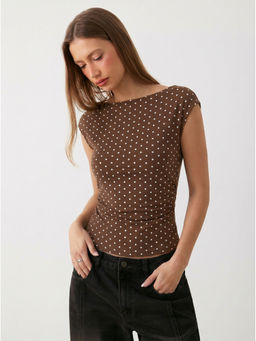 Cider - Boat Neck Solid Ruched Short Sleeve Top
