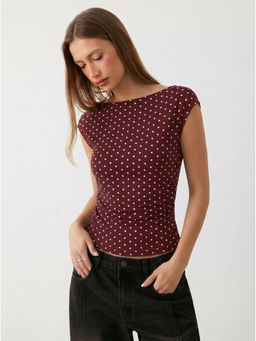 Cider - Boat Neck Solid Ruched Short Sleeve Top
