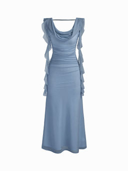Cider - Cowl Neck Solid Ruffle Hem Ruched Maxi Dress