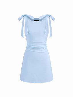 Cider - Square Neck Solid Bowknot Mini Dress