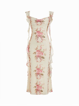 Cider - Cowl Neck Solid Glitter Ruffle Hem Maxi Dress