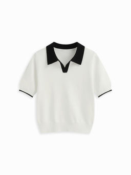 Cider - Knit Polo Contrasting Binding Short Sleeve Top