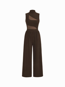 Cider - High Neck Solid Cut Out Patched Wide Leg Jumpsuit
