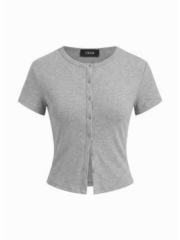 Cider - Round Neckline Solid Button Short Sleeve Top