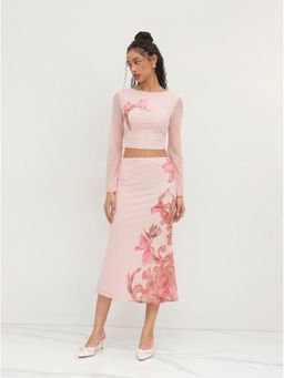 Cider - Mesh Floral Lettuce Trim Crop Top & Mid Rise Ruffle Maxi Skirt Set