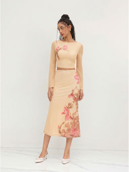Cider - Mesh Floral Lettuce Trim Crop Top & Mid Rise Ruffle Maxi Skirt Set