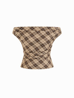 Cider - Off-shoulder Tartan Ruched Crop Top
