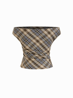Cider - Off-shoulder Tartan Ruched Crop Top