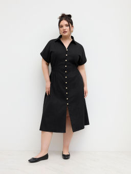 Cider - Linen-blend Polo Shirred Button Through Midi Shirt Dress Curve & Plus