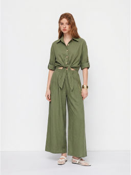 Cider - Linen-blend Collar Knotted Roll Hem Oversized Jumpsuit