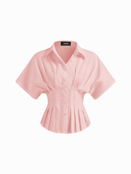 Cider - Linen-blend Collar V-neck Pleated Short Sleeve Shirt