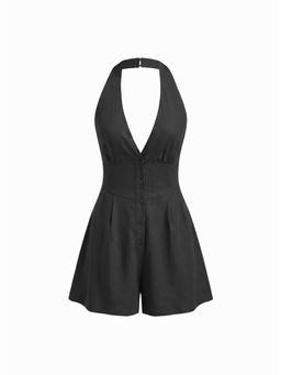 Cider - Linen-blend Halter neck Button Bowknot Backless Romper