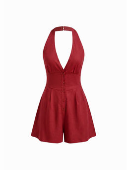 Cider - Linen-blend Halter neck Button Bowknot Backless Romper