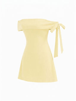 Cider - Jersey Off-shoulder Short Sleeve Bowknot Mini Dress