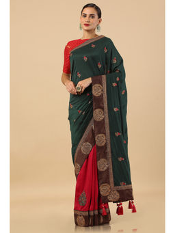 Soch - Green Tussar Embroidered Saree with Unstitched
